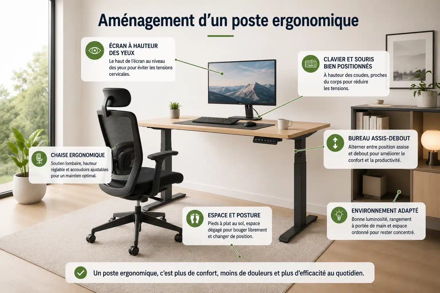 Poste de travail ergonomique avec bureau assis debout dans un bureau moderne