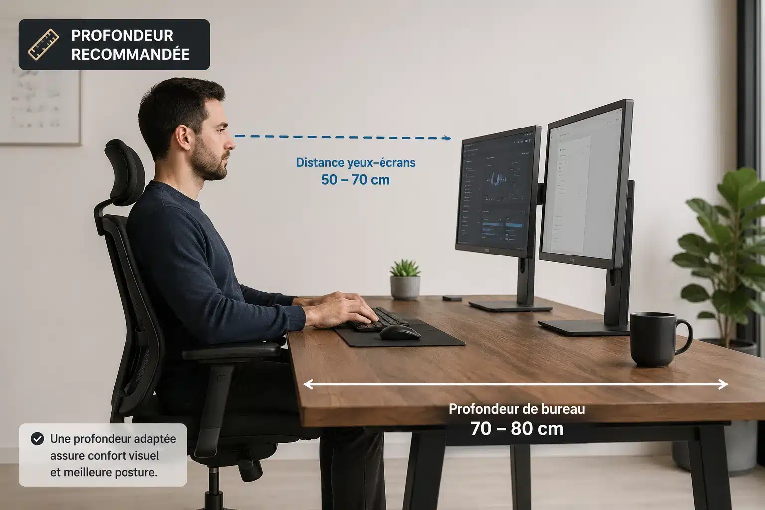 Profondeur d'un bureau pour un poste à deux écrans
