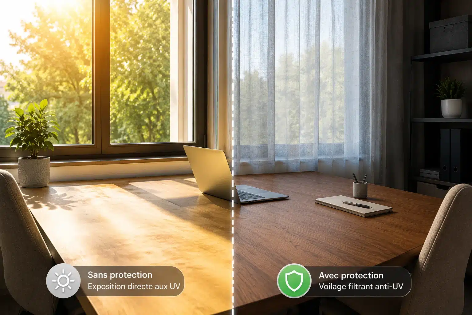 Protection d'un bureau en bois contre le soleil et les UV