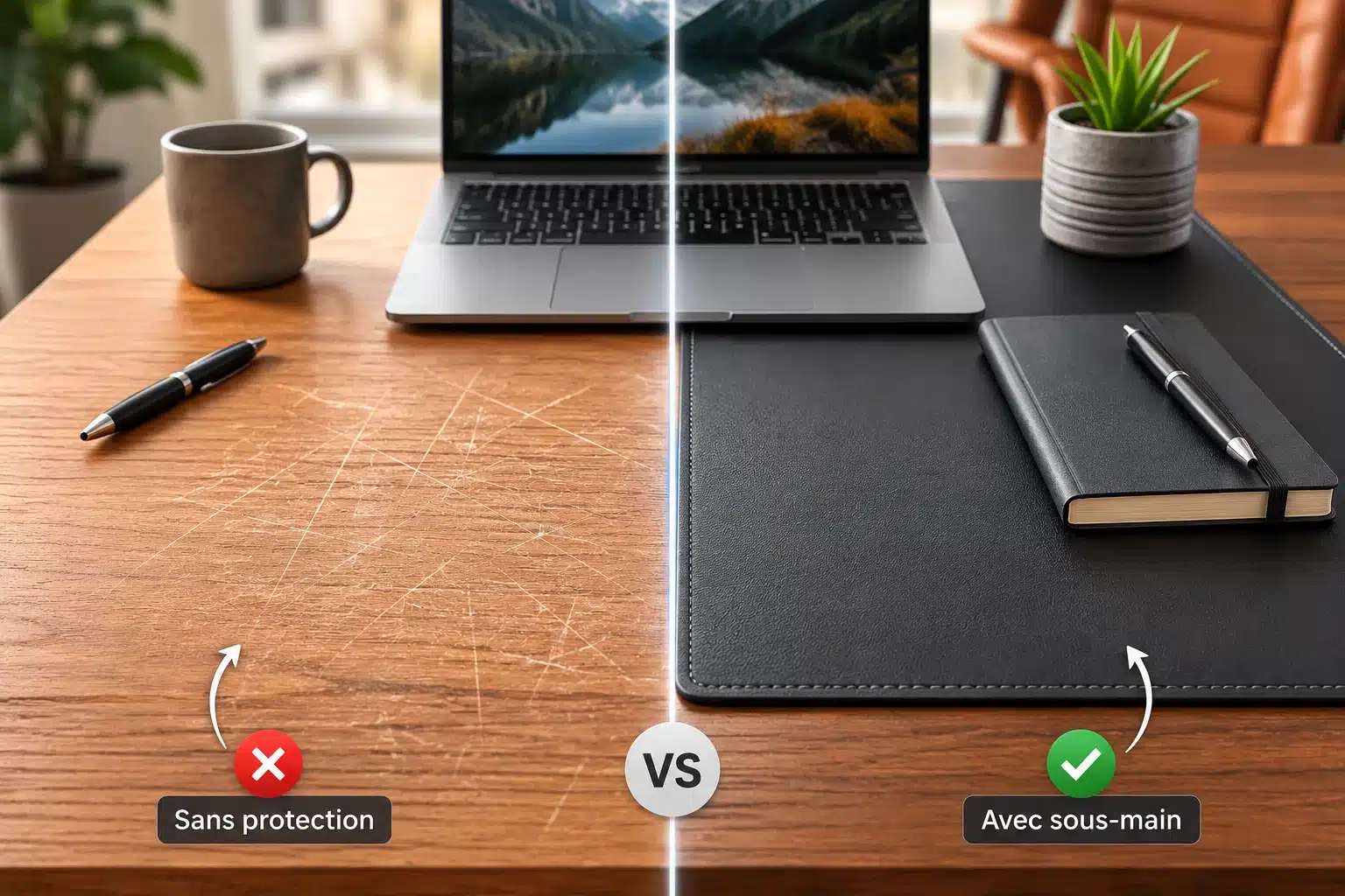 Protection contre les rayures sur un plateau de bureau en bois