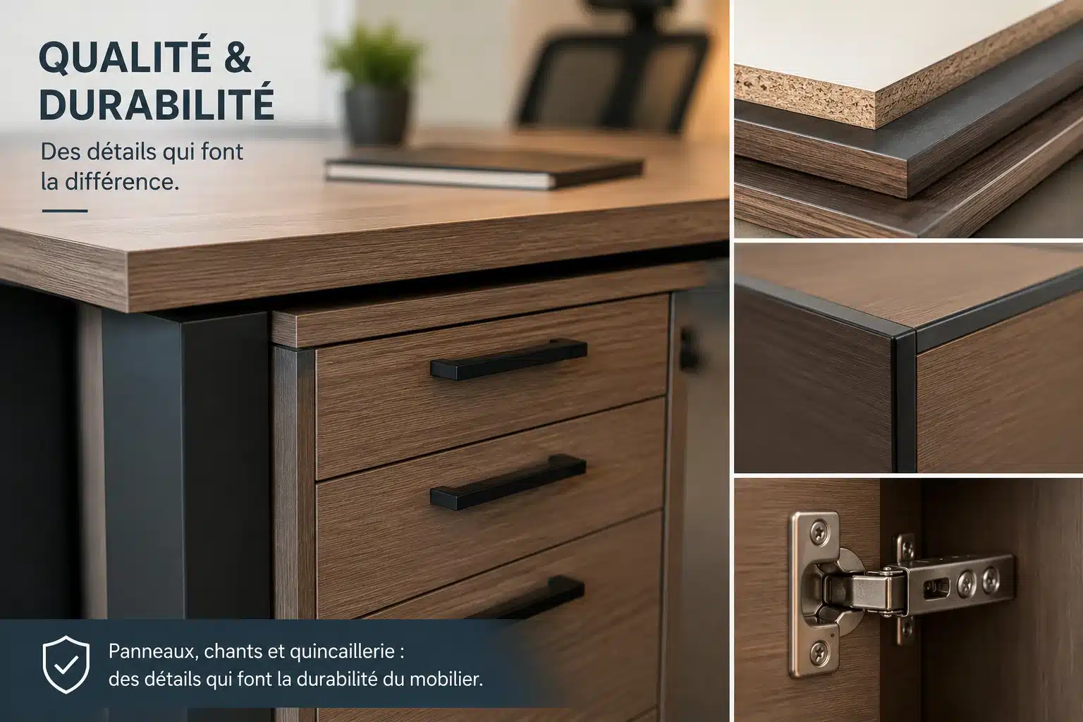 Gros plan sur la qualité de fabrication d'un mobilier de bureau professionnel