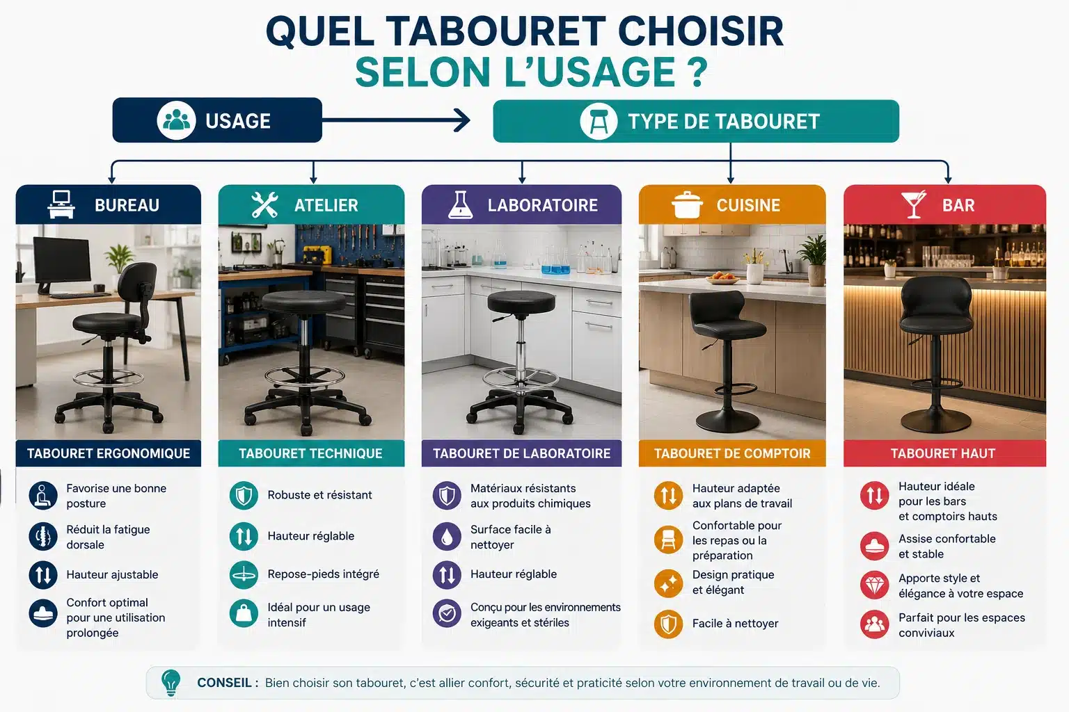 Quel tabouret choisir selon l'usage : cuisine, laboratoire, atelier ou bureau