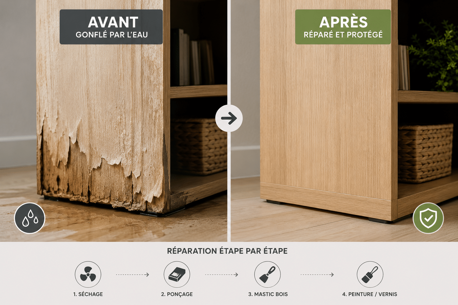 Meuble gonflé par l'eau avant et après réparation