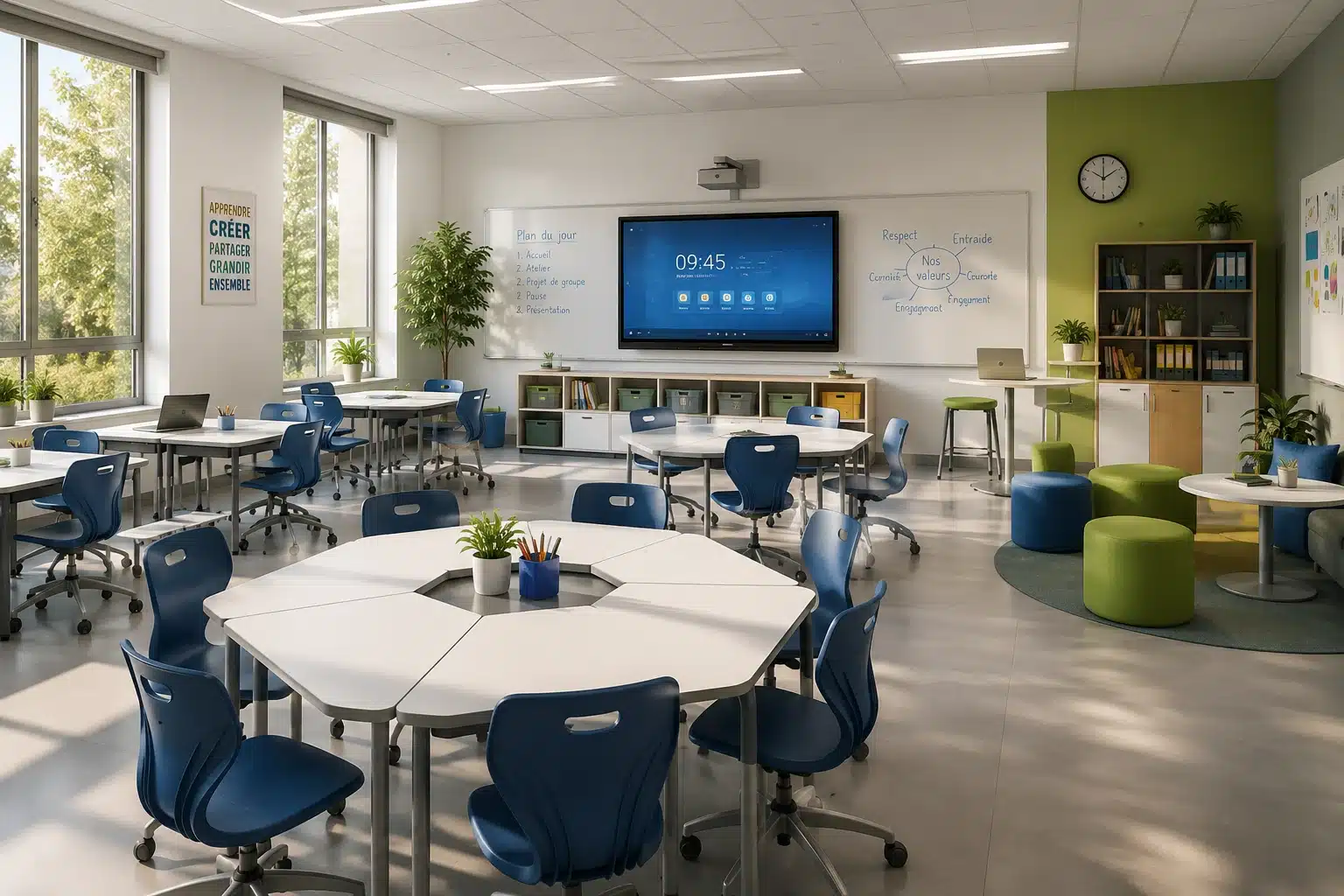 Salle de classe moderne avec mobilier scolaire modulaire et zones d'apprentissage flexibles