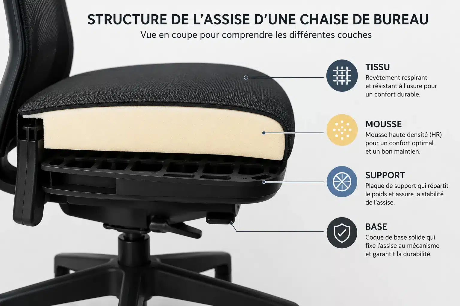 Structure interne d'une assise de chaise de bureau