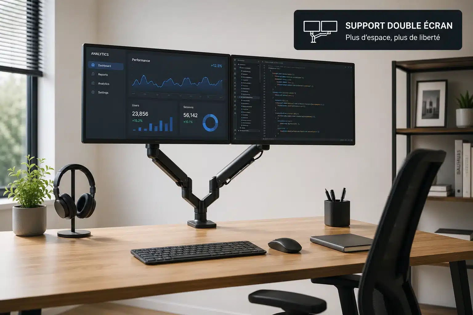 Support double écran fixé sur un bureau