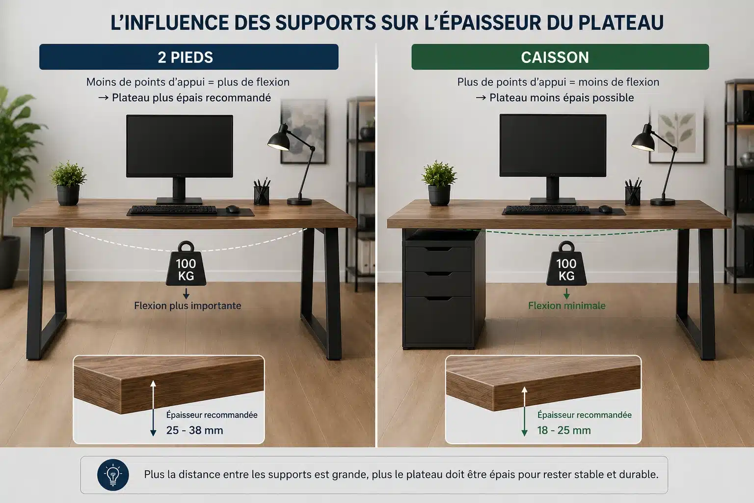 Support et pieds de bureau adaptés au plateau