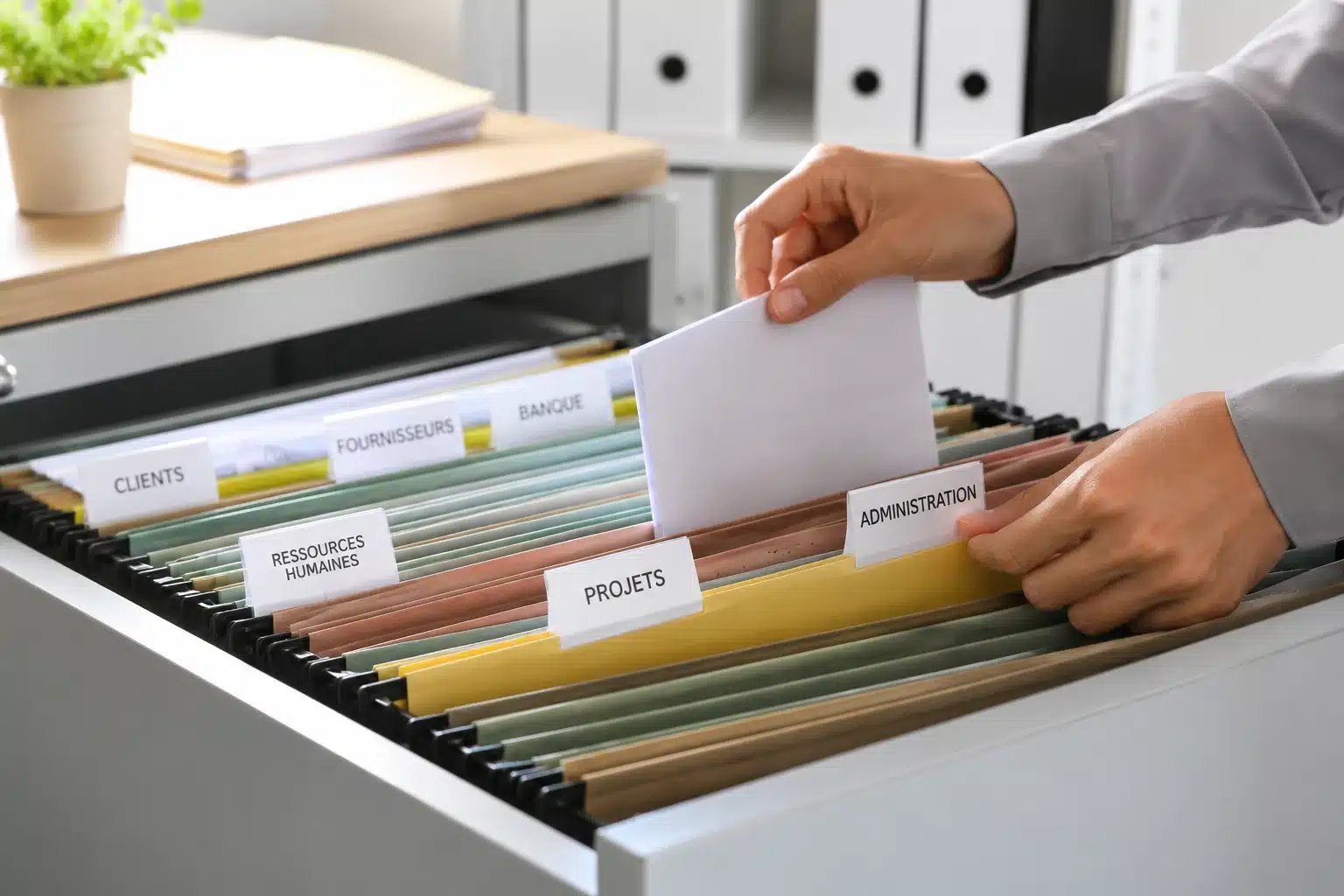 Système de classement des dossiers suspendus durable au bureau