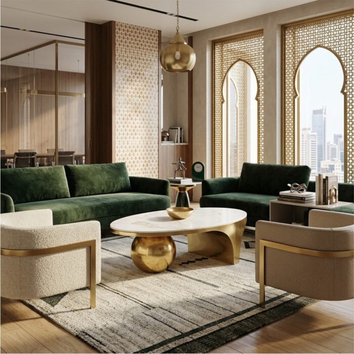 Table basse design avec plateau en céramique et structure dorée sculpturale.
