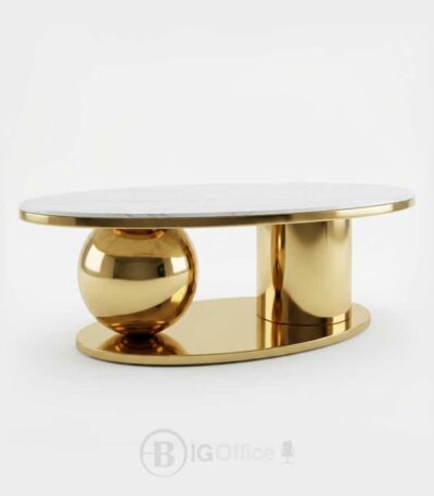 Table basse contemporaine avec plateau en céramique et base dorée sculpturale.