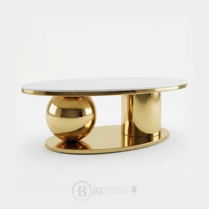 Table basse contemporaine avec plateau en céramique et base dorée sculpturale.