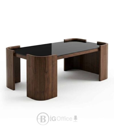 Table basse effet noyer avec plateau en verre 130x70 cm pour salon et espace d’accueil