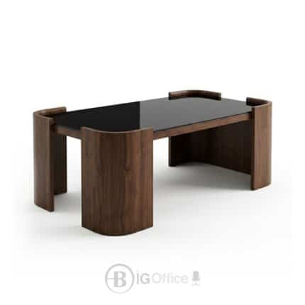 Table basse effet noyer avec plateau en verre 130x70 cm pour salon et espace d’accueil