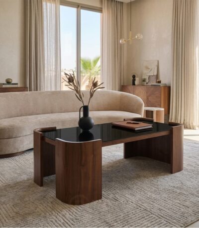 Table basse effet noyer avec plateau en verre 130x70 cm pour salon et espace d’accueil