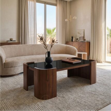 Table basse effet noyer avec plateau en verre 130x70 cm pour salon et espace d’accueil