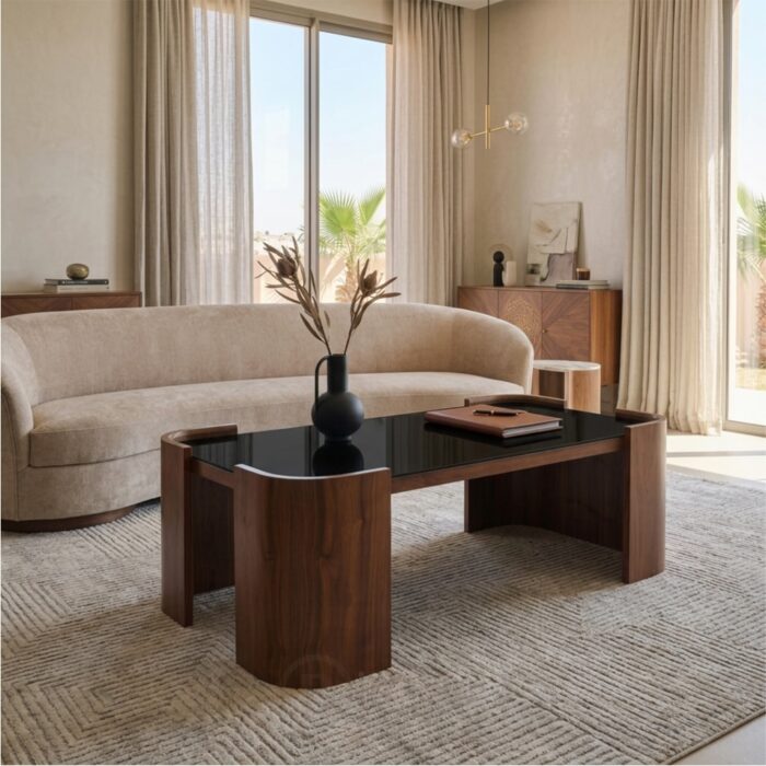Table basse effet noyer avec plateau en verre 130x70 cm pour salon et espace d’accueil