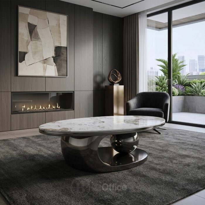 Table basse ovale en acier inoxydable avec plateau en céramique 130 cm pour salon et espace d'accueil