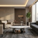 Table basse ovale au design sculptural avec structure en acier inoxydable et plateau en céramique.