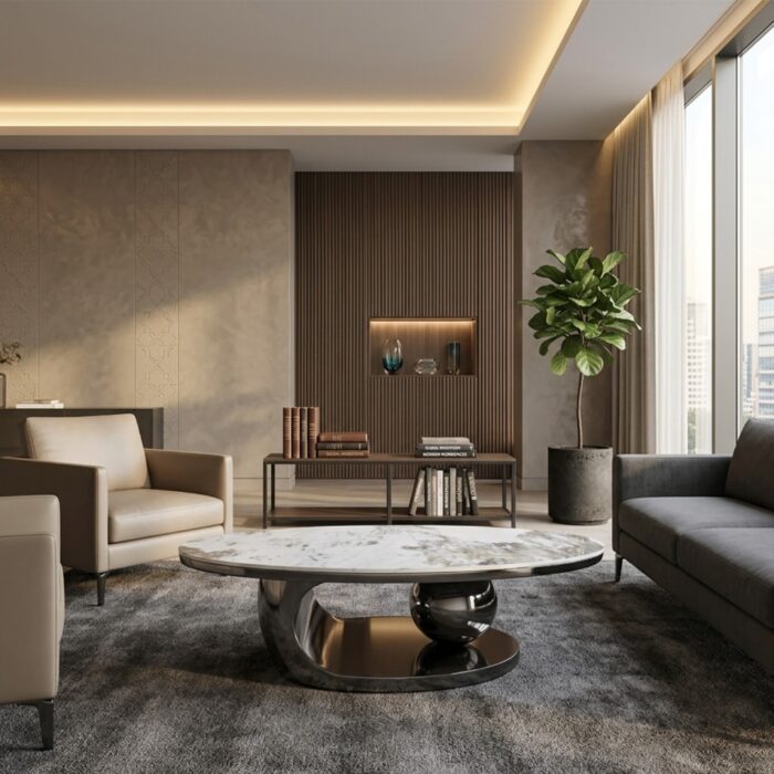 Table basse ovale au design sculptural avec structure en acier inoxydable et plateau en céramique.