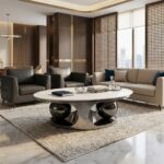 Table basse ovale au design sculptural avec structure en acier inoxydable et plateau en céramique.