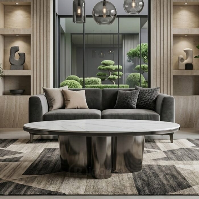 Table basse ovale contemporaine avec plateau en céramique et base sculpturale métallique.