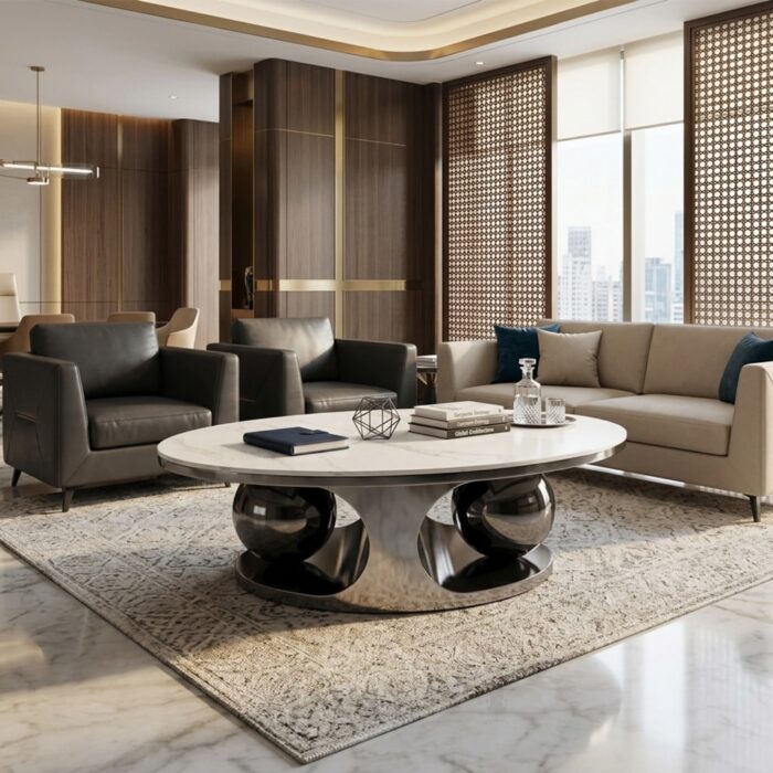Table basse ovale au design sculptural avec structure en acier inoxydable et plateau en céramique.