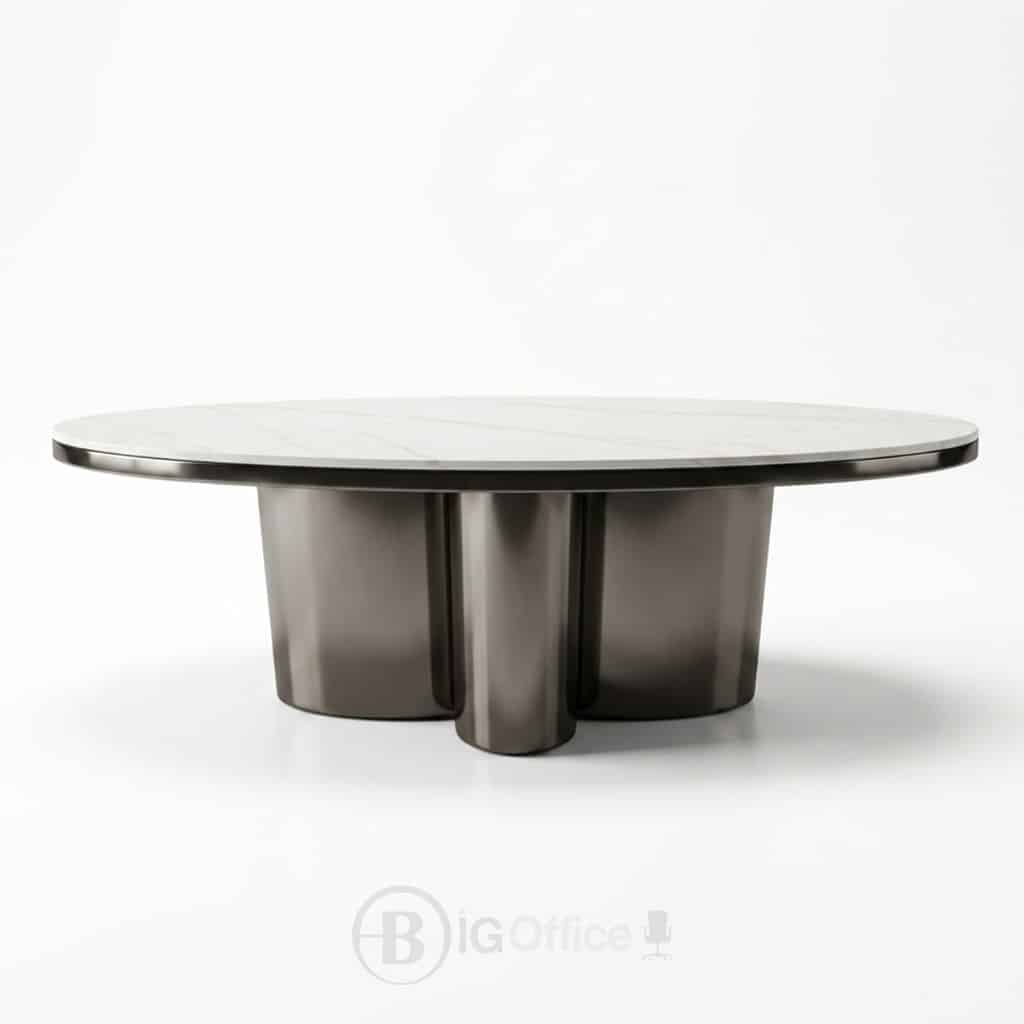 table-basse-ovale-inox-plateau-ceramique-130-cm-bigoffice-4 Table basse ovale contemporaine avec plateau en céramique et base sculpturale métallique.