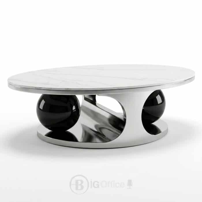 Table basse ovale moderne avec plateau en céramique claire et structure sculpturale en acier inoxydable argenté et noir, dimensions L130 × D70 × H45 cm