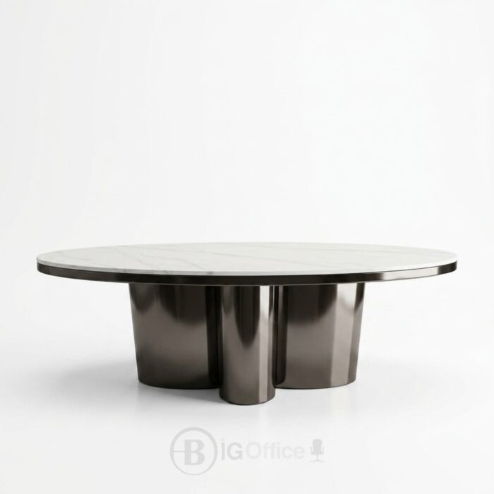 Table basse ovale avec plateau en céramique et structure en acier inoxydable 130 cm