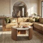 Table basse ronde avec cadre bois et plateau en céramique D90 cm pour salon et espace d’accueil