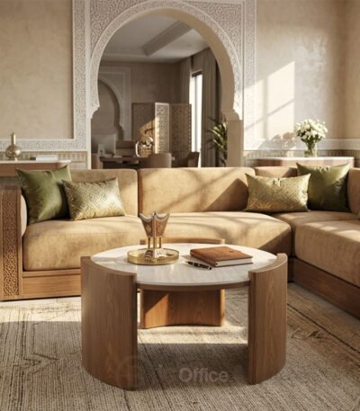 Table basse ronde avec cadre bois et plateau en céramique D90 cm pour salon et espace d’accueil