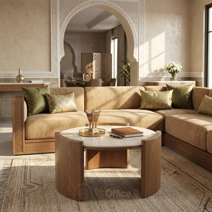 Table basse ronde avec cadre bois et plateau en céramique D90 cm pour salon et espace d’accueil
