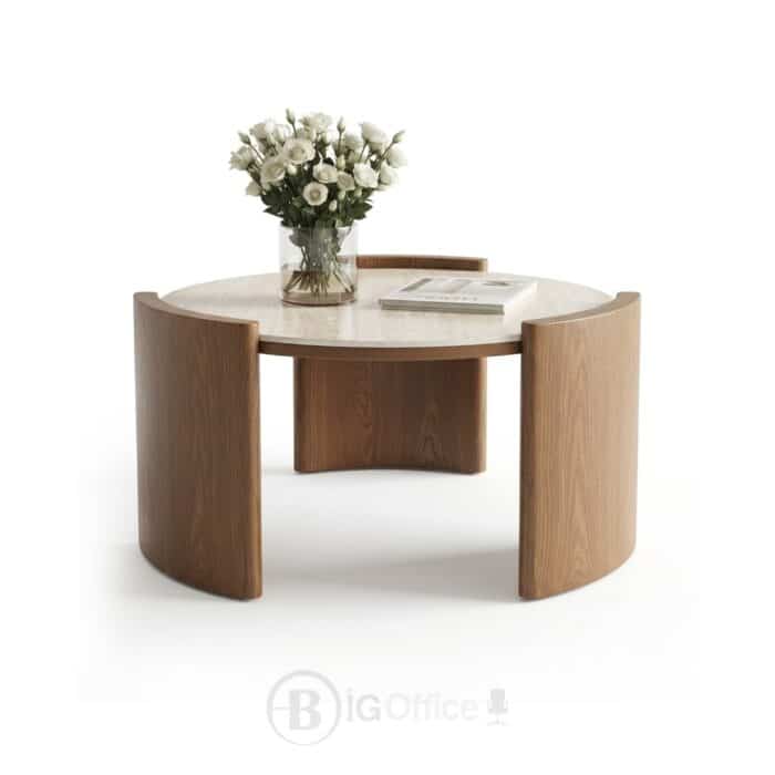 Table basse ronde premium avec cadre en bois et plateau en céramique, idéale pour salon ou espace d’accueil.