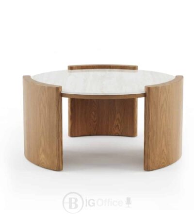 Table basse ronde avec cadre en bois et plateau en céramique clair, dimensions D90 × H45 cm, adaptée aux salons modernes, bureaux et espaces d’accueil au Maroc.