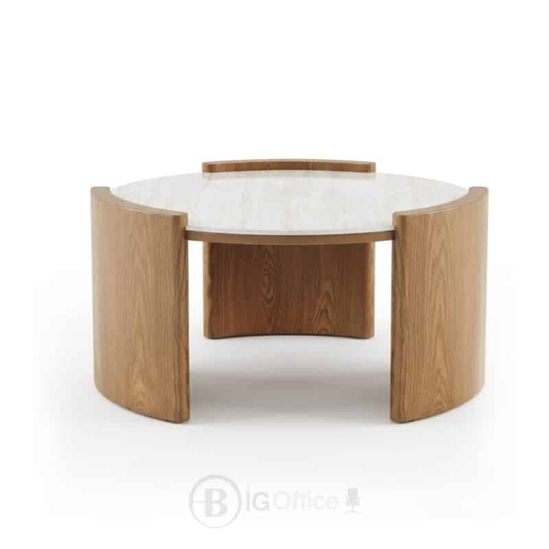 Table basse ronde avec cadre en bois et plateau en céramique clair, dimensions D90 × H45 cm, adaptée aux salons modernes, bureaux et espaces d’accueil au Maroc.