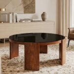 Table basse ronde effet bois avec plateau en verre noir D90 cm pour salon et espace d’accueil