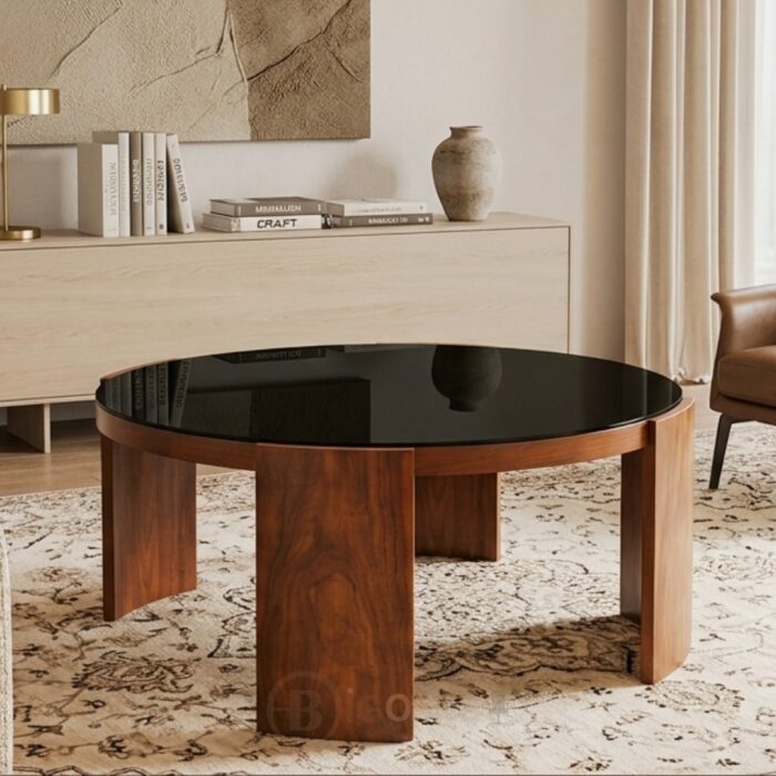 Table basse ronde effet bois avec plateau en verre noir D90 cm pour salon et espace d’accueil