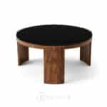 Table basse ronde moderne effet bois avec plateau en verre noir, idéale pour salon ou espace d’accueil.