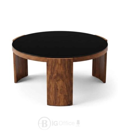 Table basse ronde moderne effet bois avec plateau en verre noir, idéale pour salon ou espace d’accueil.