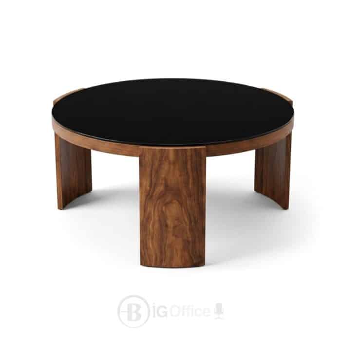 Table basse ronde moderne effet bois avec plateau en verre noir, idéale pour salon ou espace d’accueil.