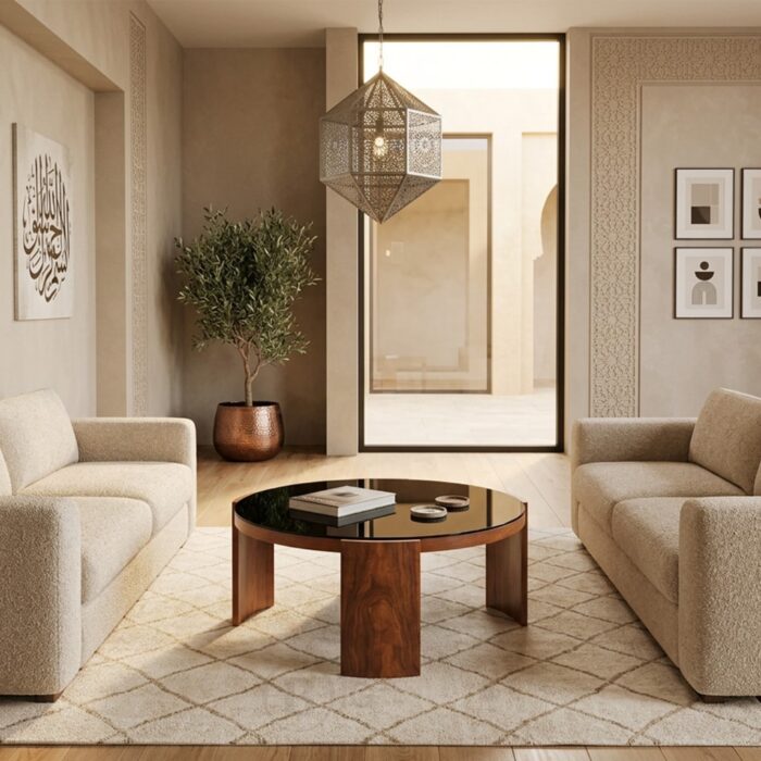 Table Basse Ronde Effet Bois avec Verre Noir