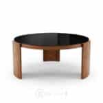 Table basse ronde effet bois avec plateau en verre noir D90 cm pour salon et espace d’accueil
