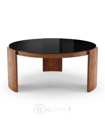 Table basse ronde effet bois avec plateau en verre noir D90 cm pour salon et espace d’accueil