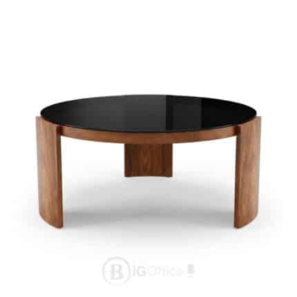 Table basse ronde effet bois avec plateau en verre noir D90 cm pour salon et espace d’accueil
