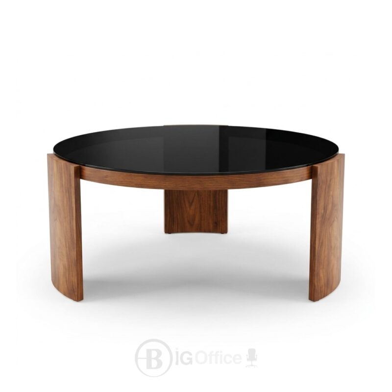Table basse ronde effet bois avec plateau en verre noir D90 cm pour salon et espace d’accueil