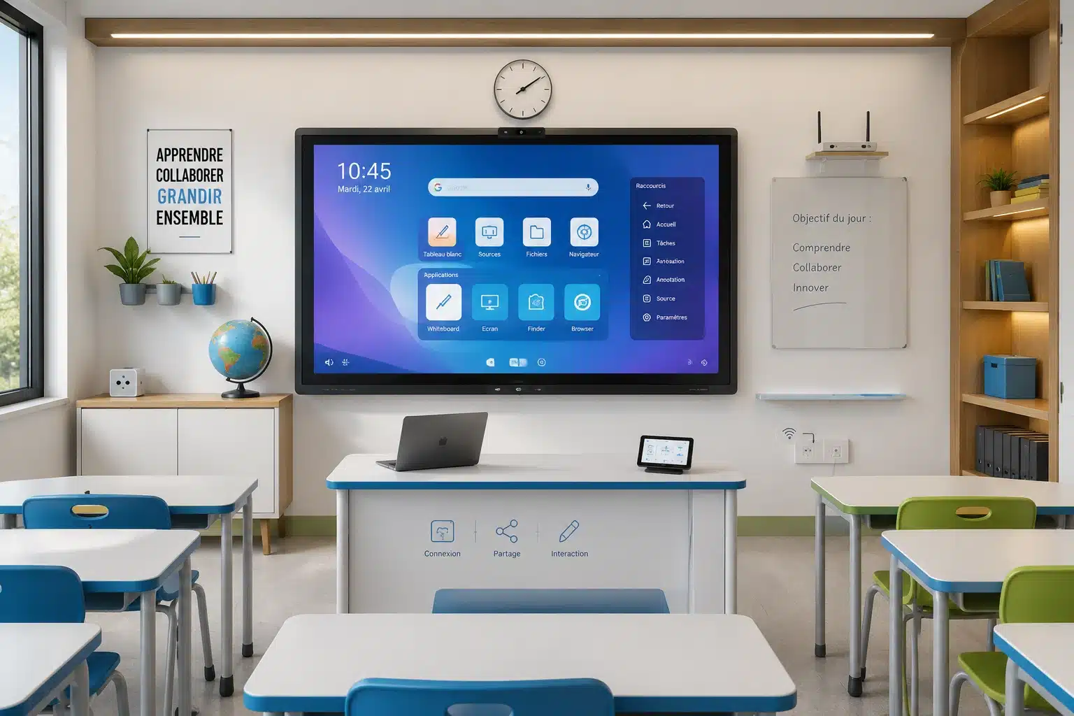 Tableau interactif intégré à une salle de classe moderne avec mobilier connecté
