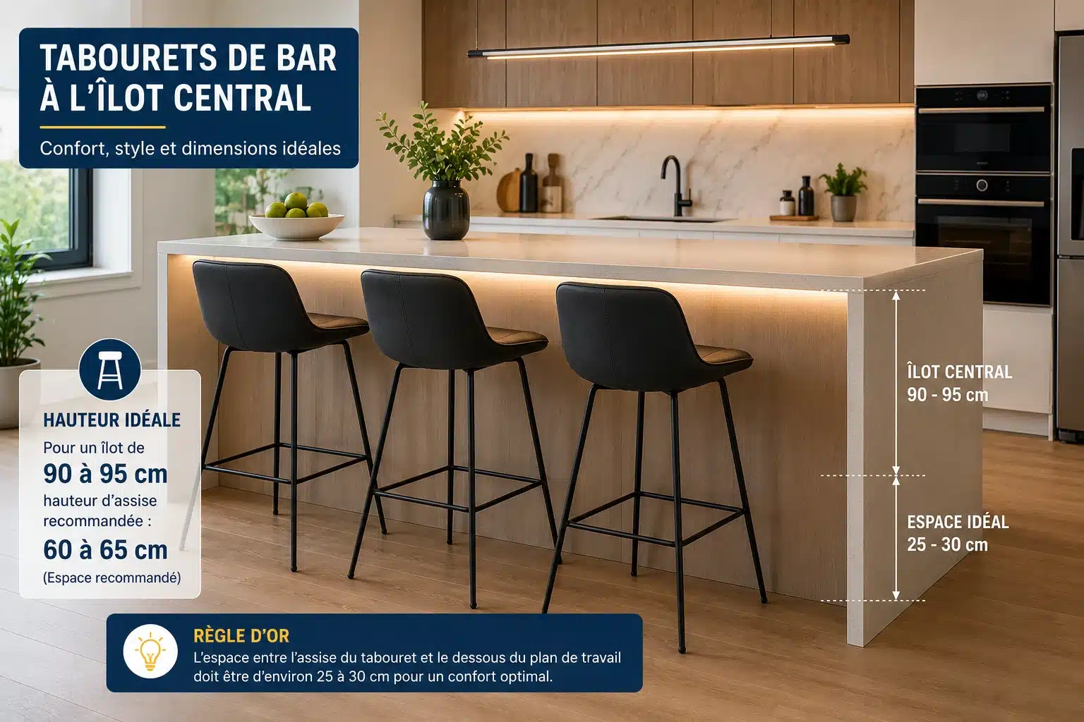 Tabourets de bar installés autour d'un îlot central de cuisine moderne