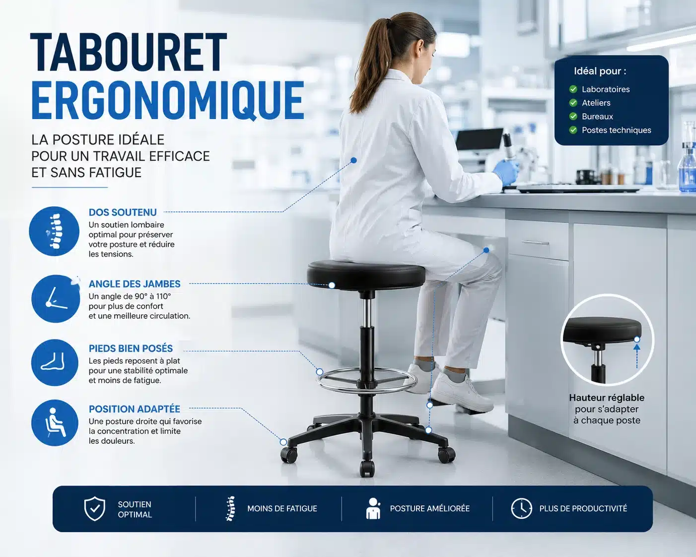 Tabouret ergonomique favorisant une bonne posture de travail au bureau