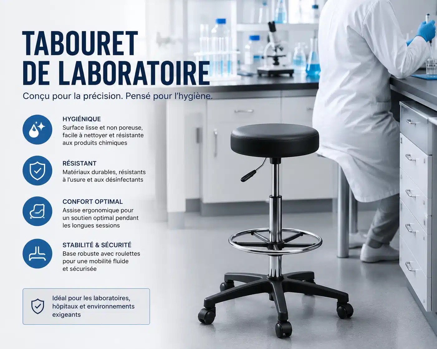 Tabouret de laboratoire professionnel avec revêtement hygiénique facile à désinfecter