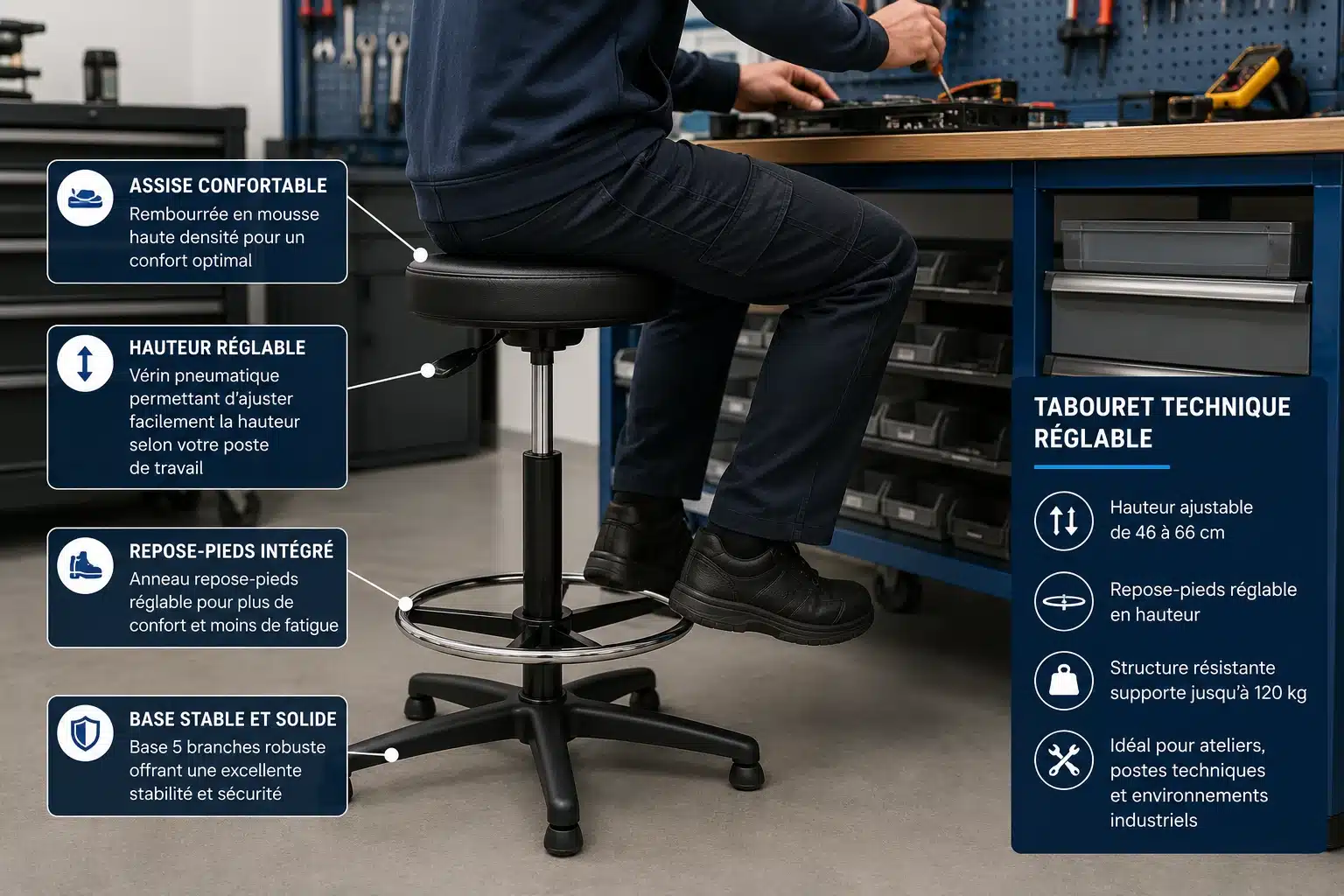 Tabouret technique réglable en hauteur avec repose-pieds dans un atelier